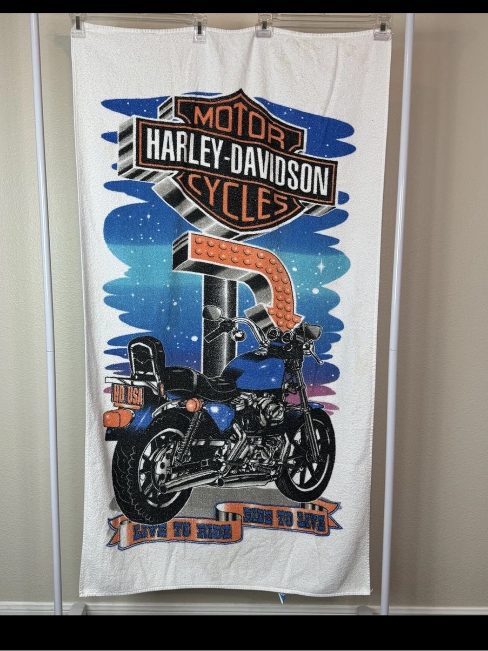 Vintage Harley-Davidson White, Blue and Orange Motorcycle Beach  Towel